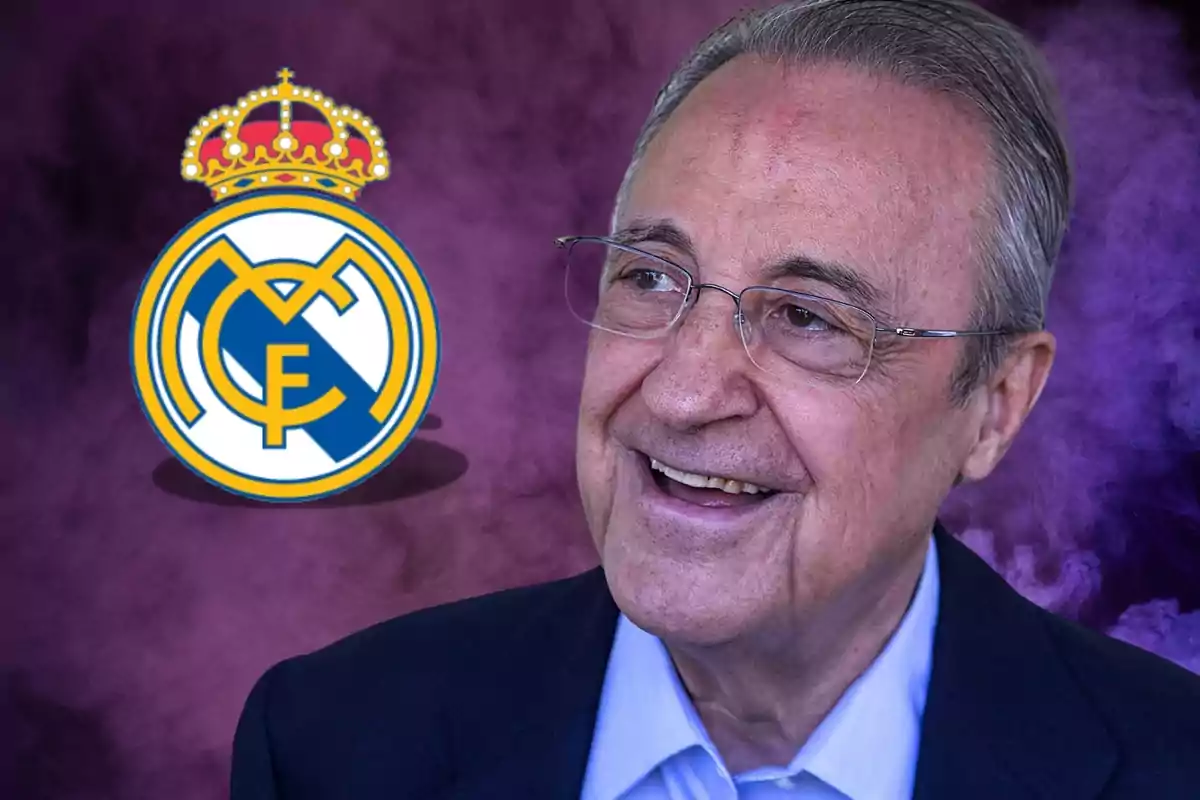 Man with glasses smiling next to the Real Madrid shield on a purple background.