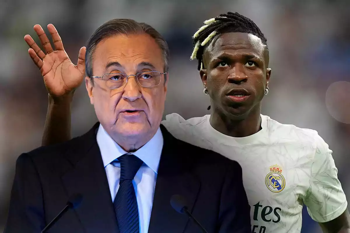 Dos hombres, Florentino con traje y gafas hablando en un micrófono y Vinicius con camiseta de fútbol blanca, con el logo del Real Madrid, en el fondo.