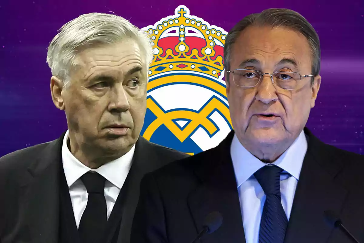 Carlo Ancelotti y Florentino Pérez, de traje, frente al escudo del Real Madrid.