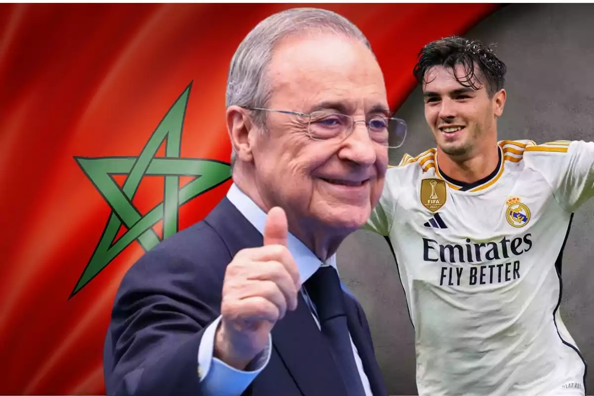 Hombre mayor con gafas y traje haciendo un gesto de aprobación con el pulgar levantado, al fondo una bandera de Marruecos y un futbolista con uniforme del Real Madrid celebrando