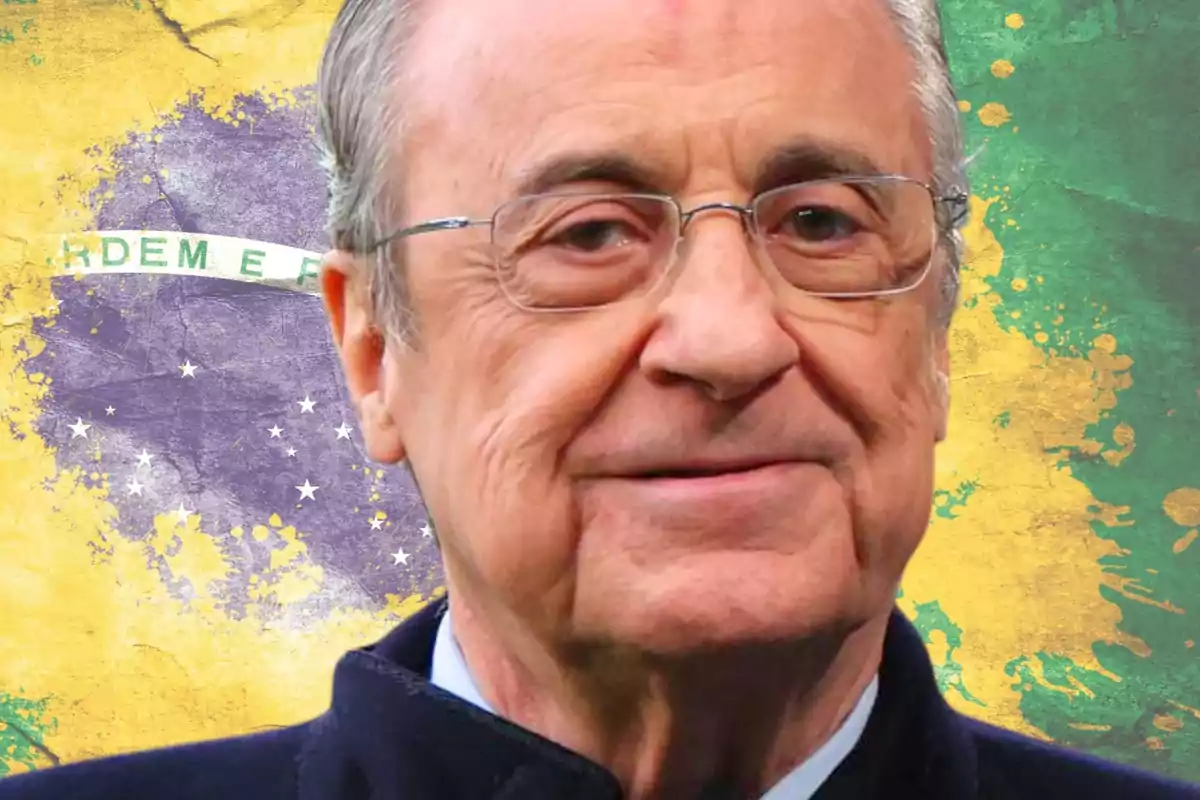 An older man with glasses in front of a background with the Brazilian flag.