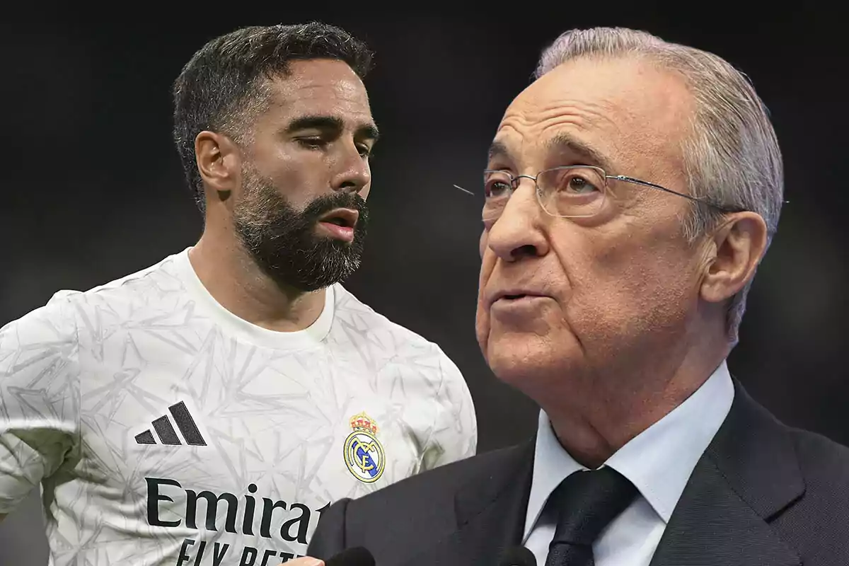 Dani Carvajal con la camiseta del Real Madrid y Florentino Pérez con gafas y traje.