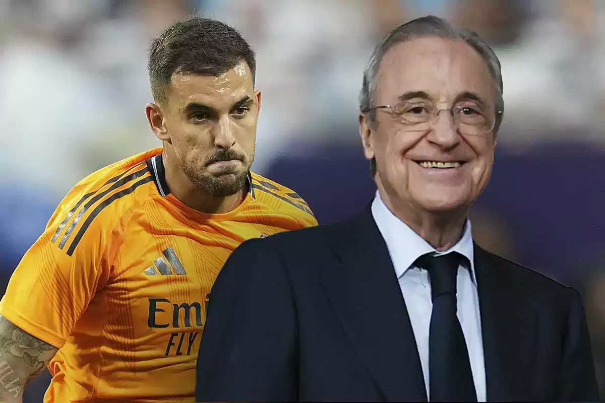 Dani Ceballos con uniforme naranja y Florentino Pérez con traje y corbata sonriente.