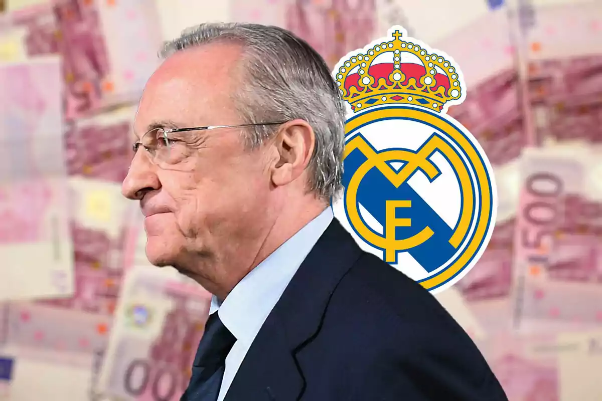 Florentino Pérez de perfil con gafas y cabello canoso, con el logo del Real Madrid y billetes de 500 euros en el fondo.