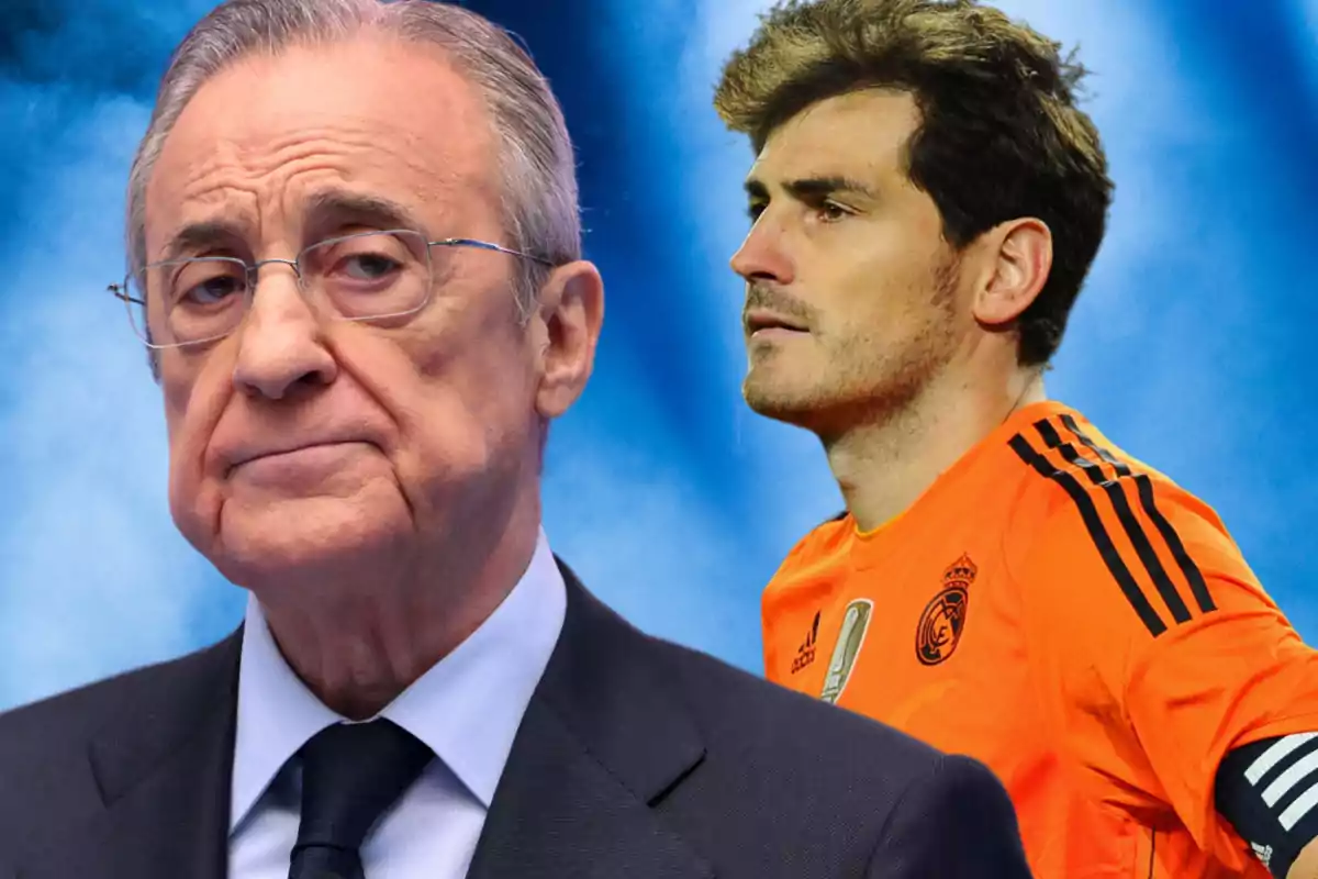 Un hombre mayor con gafas y traje oscuro está en primer plano, mientras que otro hombre con uniforme deportivo naranja está en el fondo, ambos sobre un fondo azul.