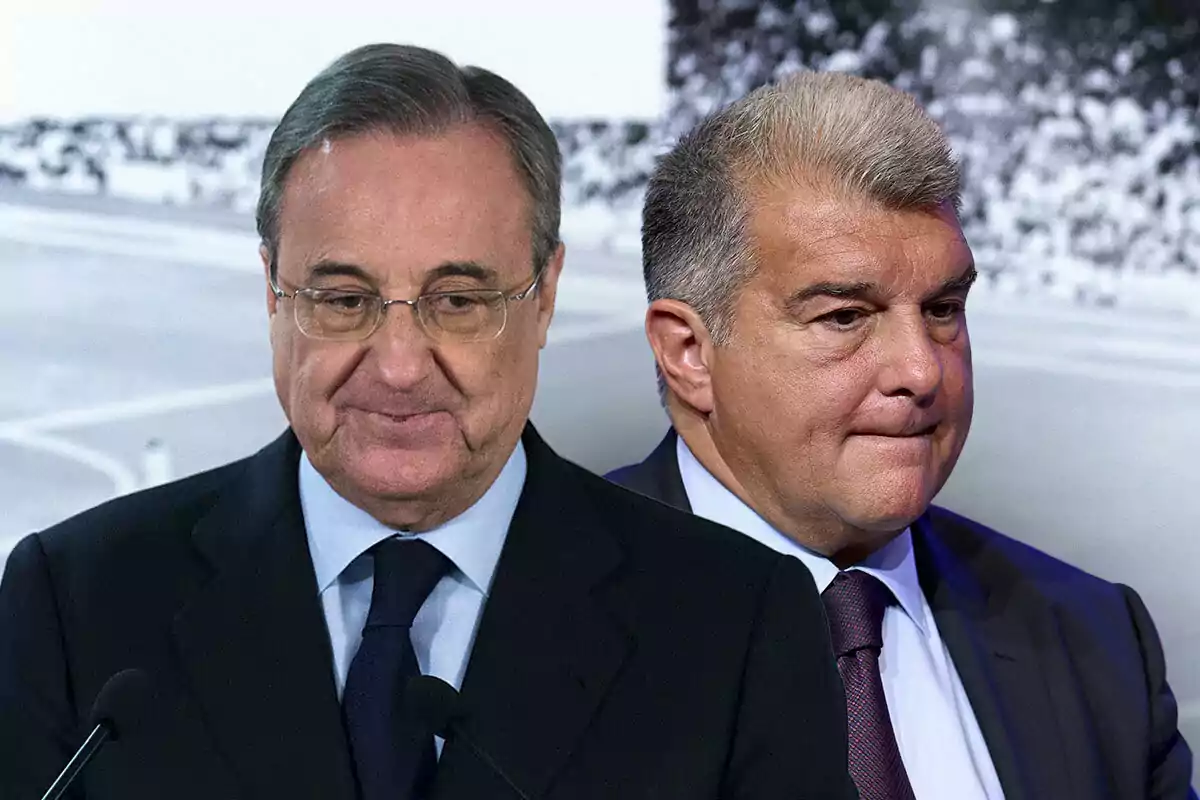 Dos hombres de traje y corbata, Florentino con gafas y Laporta con el ceño fruncido, en un entorno formal. Dos hombres de traje y corbata, Florentino con gafas y Laporta con el ceño fruncido, en un entorno formal.