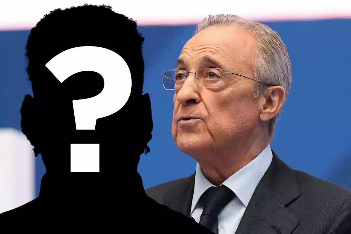 Florentino Pérez con gafas y traje junto a una silueta negra con un signo de interrogación en el centro.