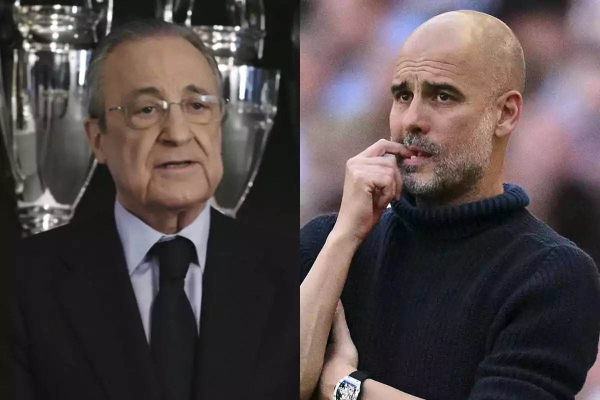 Florentino hablando, al lado Guardiola mordiéndose el dedo