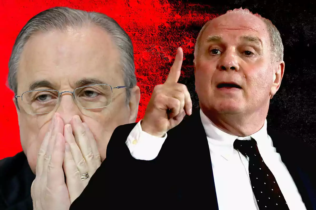 Dos hombres (Florentino y Hoeness) en traje, uno con gafas y las manos en la cara, el otro señalando con el dedo índice, con un fondo rojo y negro.