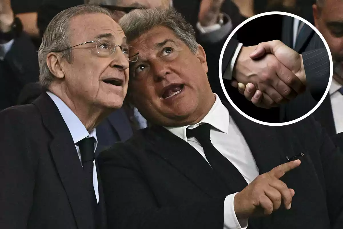 Florentino Pérez y Joan Laporta conversan, con una imagen de un apretón de manos superpuesta en la esquina superior derecha.