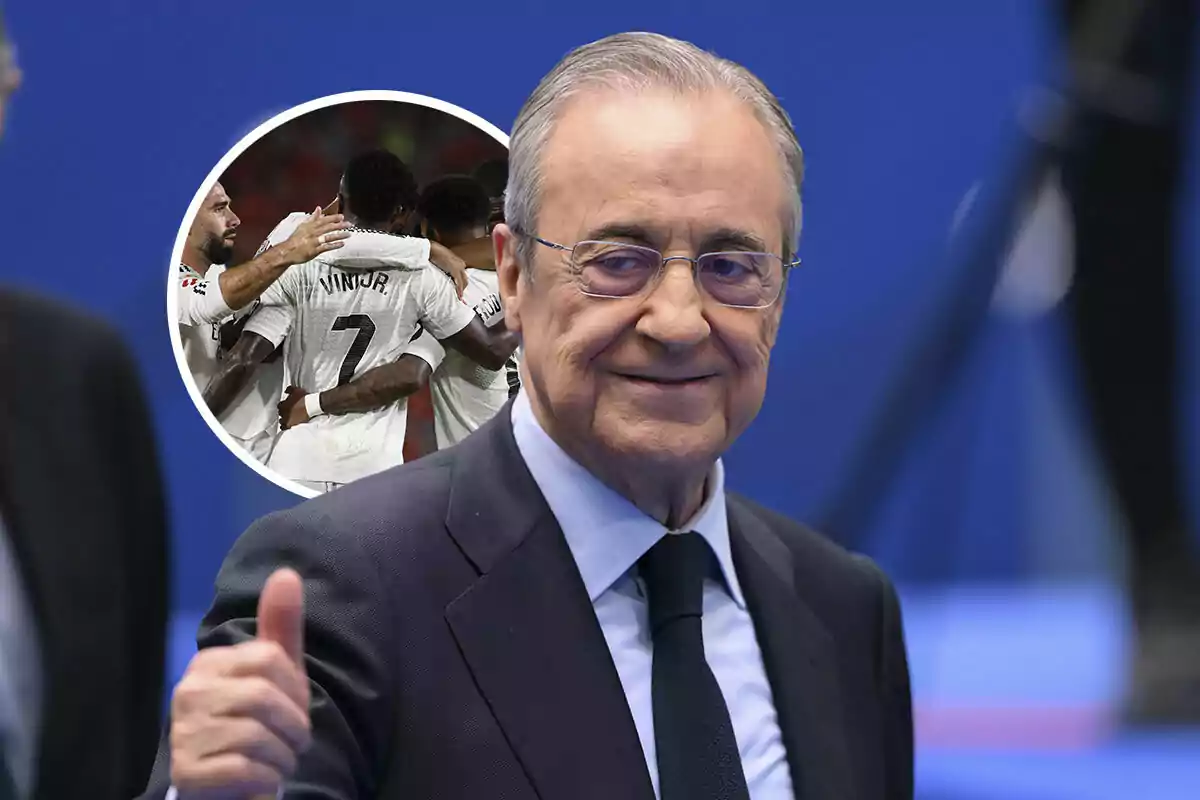 Florentino Pérez sonríe mientras hace un gesto de aprobación con el pulgar levantado, con una imagen insertada de jugadores del Real Madrid celebrando en el fondo.