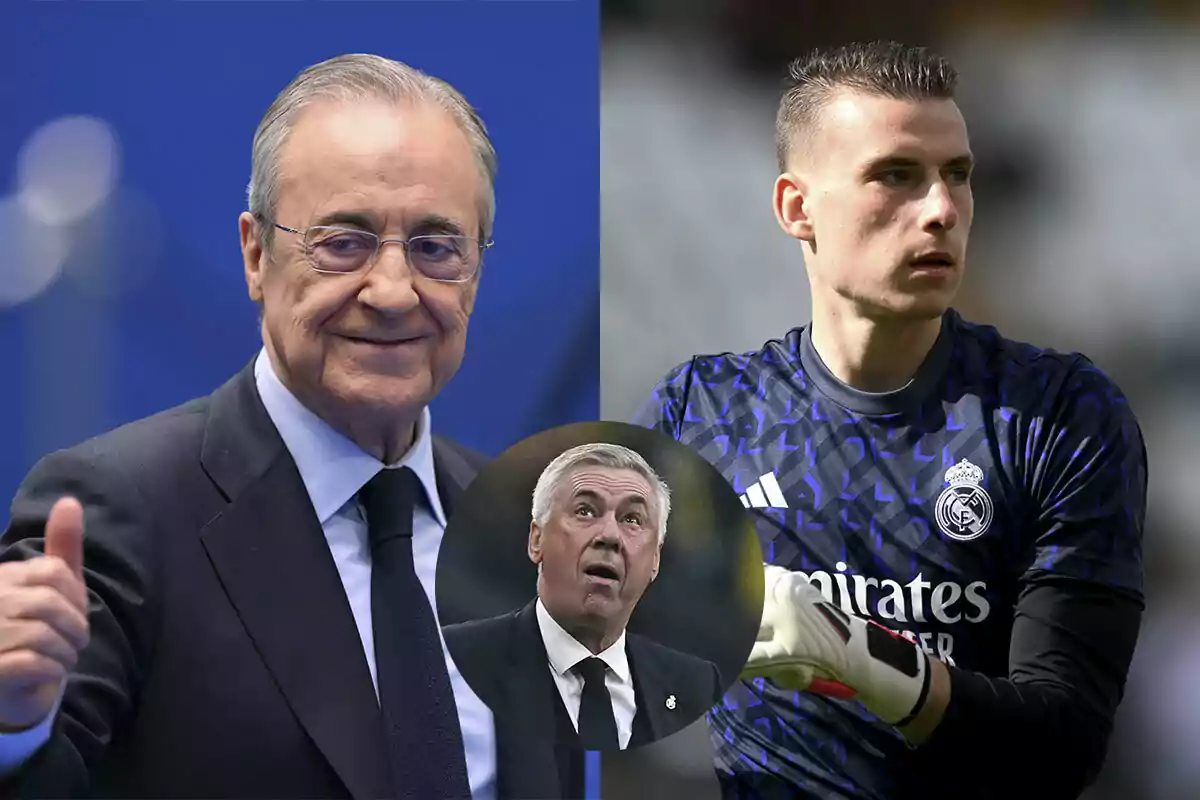 Tres hombres: Florentino Pérez a la izquierda, Lunin a la derecha, y Ancelotti en un círculo en el centro.