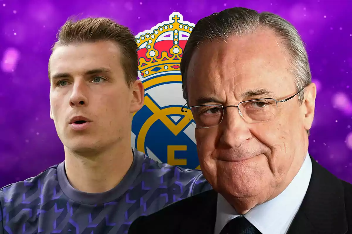 Florentino Pérez y Lunin posando frente a un fondo morado con el escudo del Real Madrid.