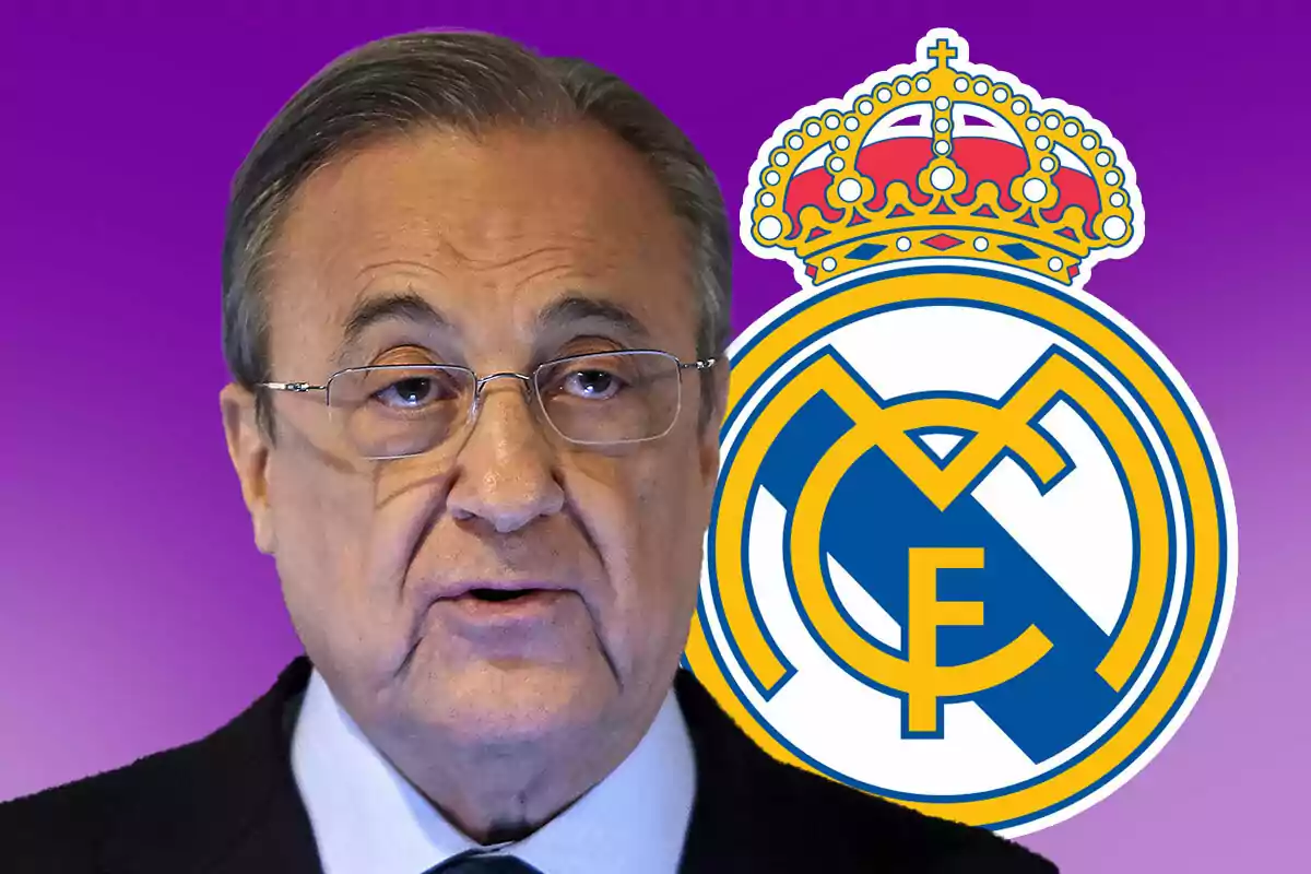 Florentino Pérez con gafas frente al logo del Real Madrid sobre un fondo morado.