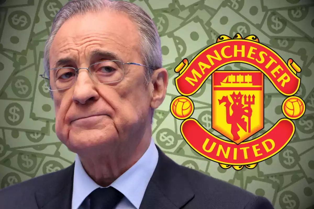 Un hombre mayor con gafas y expresión seria frente a un fondo de billetes y el escudo del Manchester United.