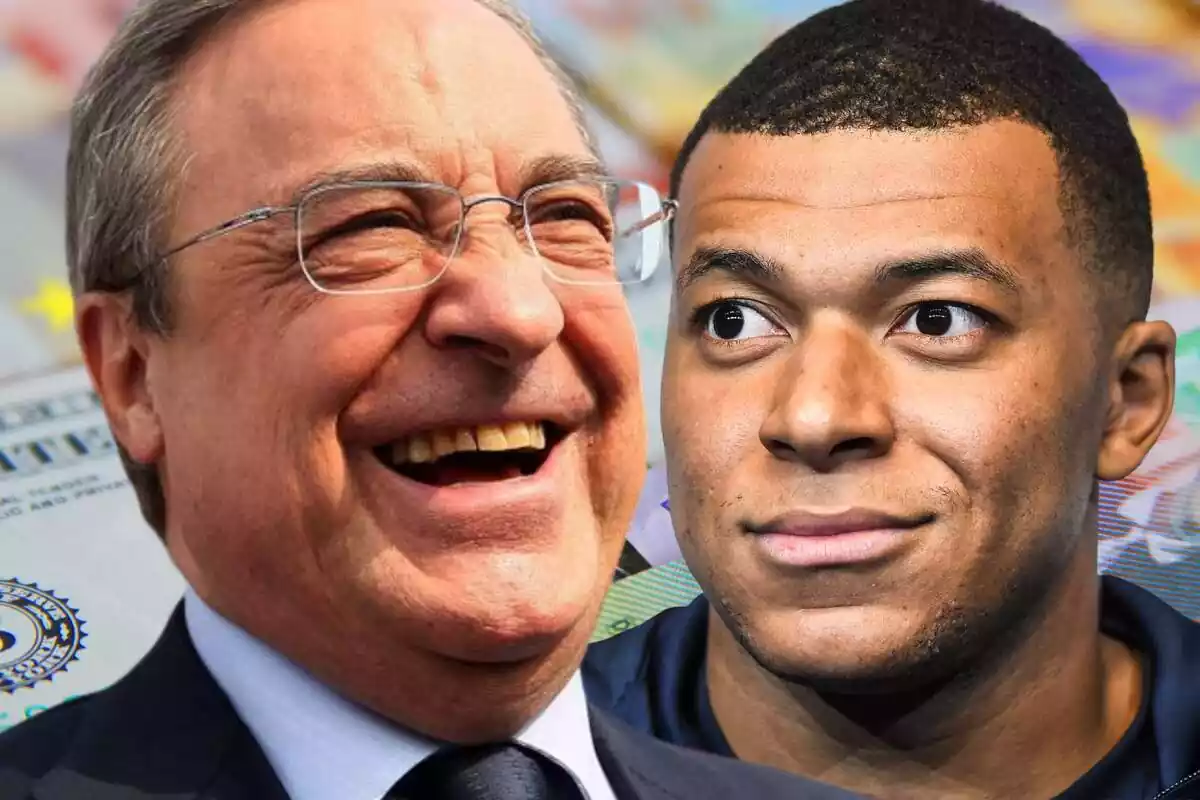 Florentino Pérez sonriendo al lado de Kylian Mbappé con los ojos como platos