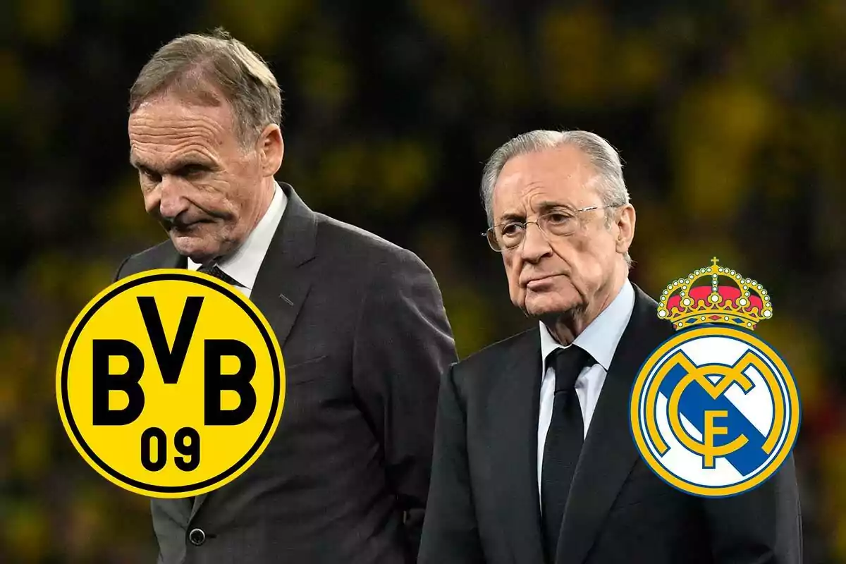 Hans-Joachim Watzke y Florentino Pérez de traje oscuro, uno con el logo del Borussia Dortmund y el otro con el logo del Real Madrid.