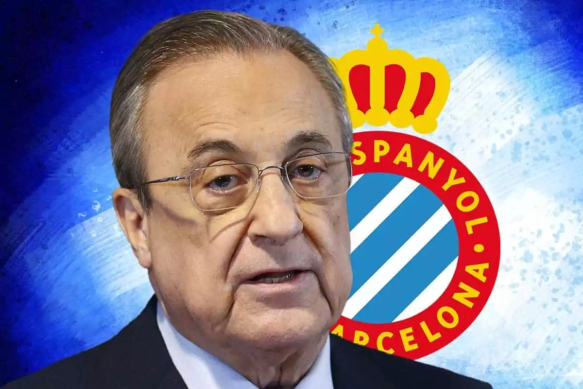 Florentino Pérez frente al escudo del RCD Espanyol de Barcelona.