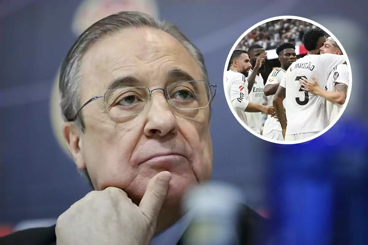 Florentino Pérez con gafas y expresión pensativa, con una imagen insertada de un grupo de jugadores del Real Madrid celebrando.