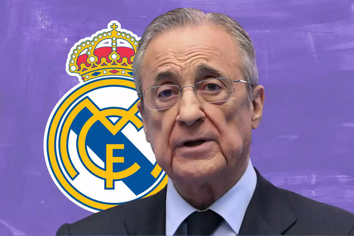 Florentino Pérez con gafas y traje oscuro está frente a un fondo morado con el escudo del Real Madrid.