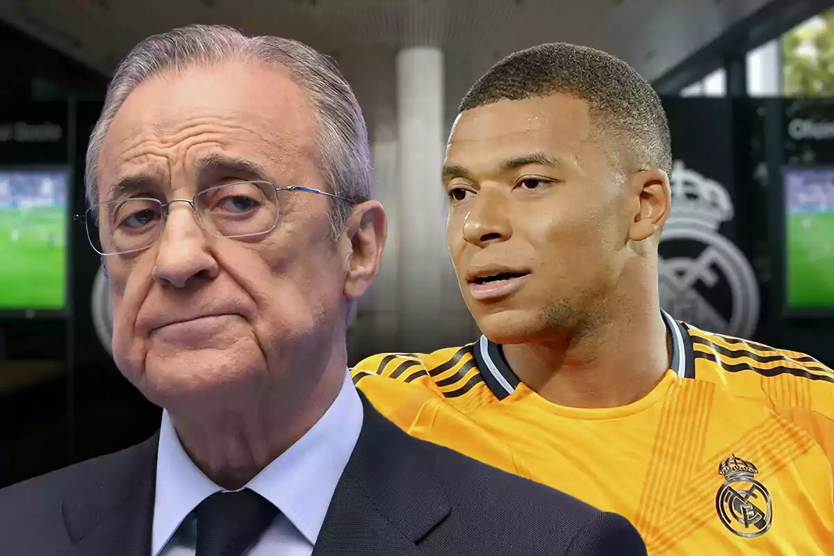 Dos hombres, Florentino Pérez con traje y Mbappé con camiseta de fútbol del Real Madrid, en unas oficinas.