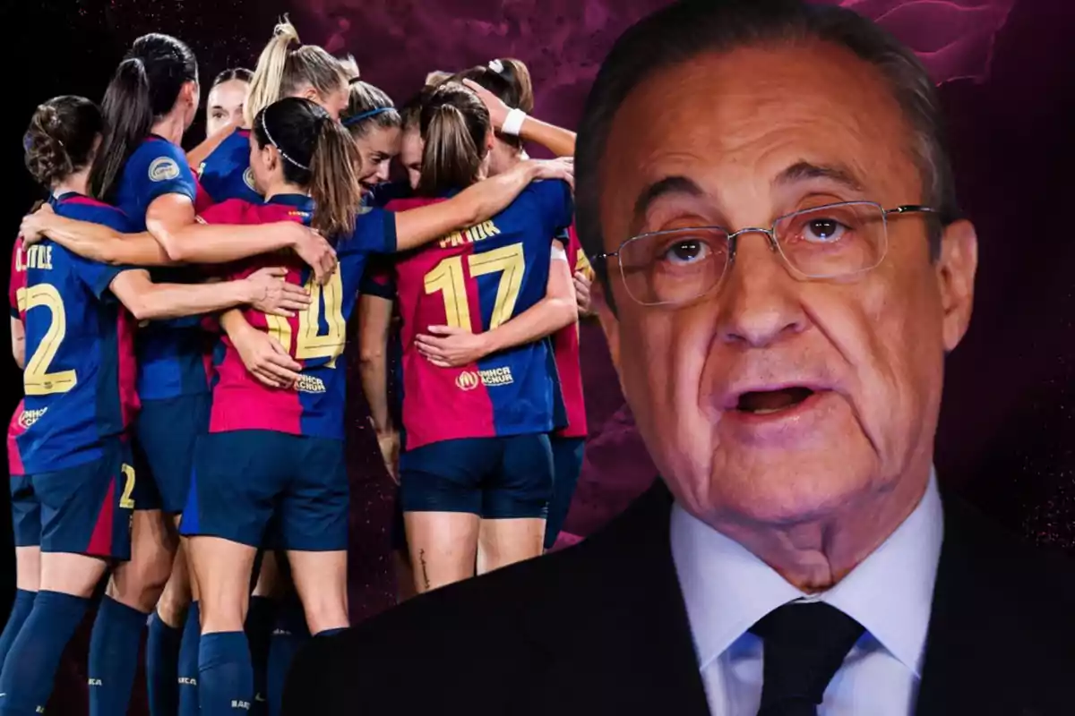 Un grupo de jugadoras de fútbol con uniformes azul y rojo se abrazan mientras un hombre mayor con gafas aparece en primer plano sobre un fondo oscuro.