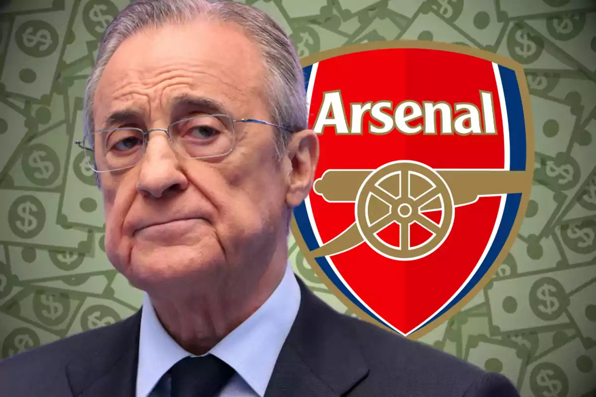 An older man with glasses and a serious expression in front of a background of bills and the Arsenal crest.