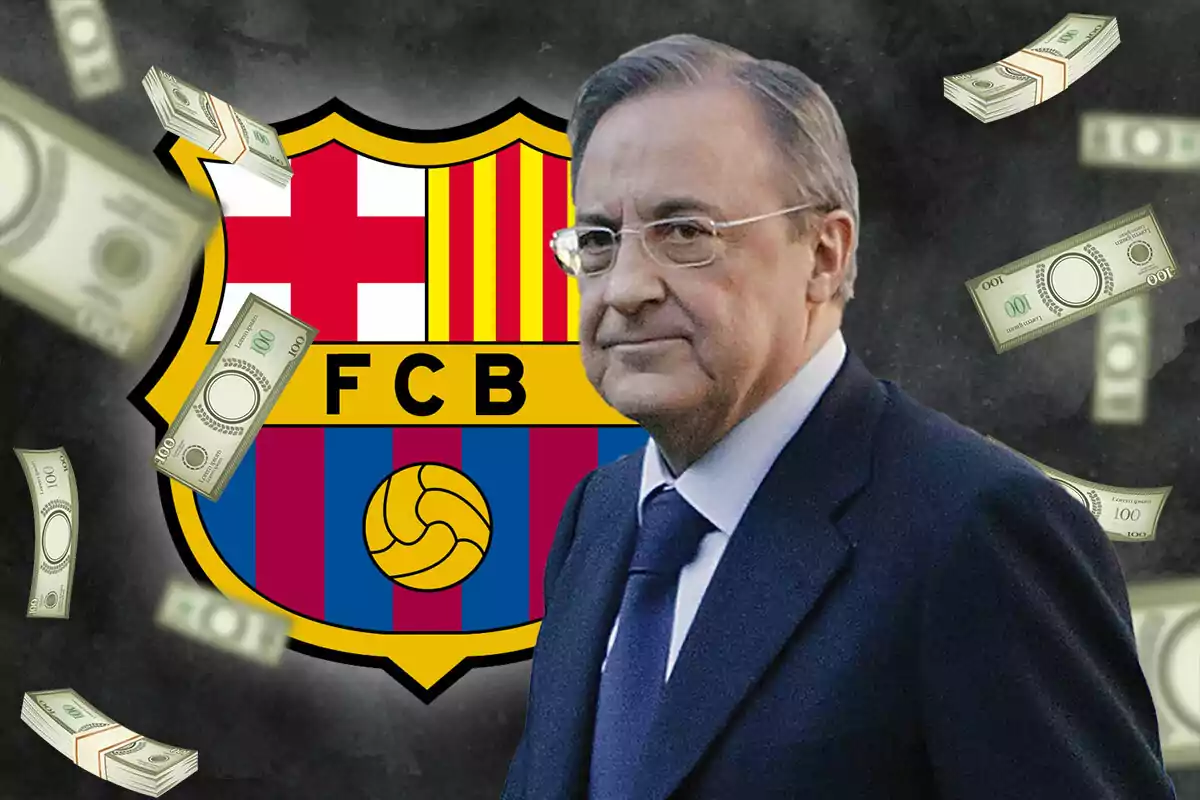 Florentino Pérez de traje frente al escudo del FC Barcelona con billetes flotando alrededor.