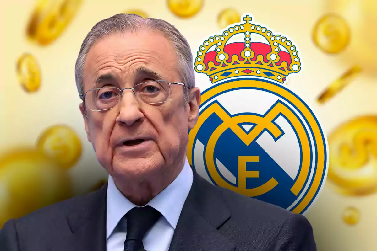 Florentino Pérez de traje frente al escudo del Real Madrid con monedas de fondo.