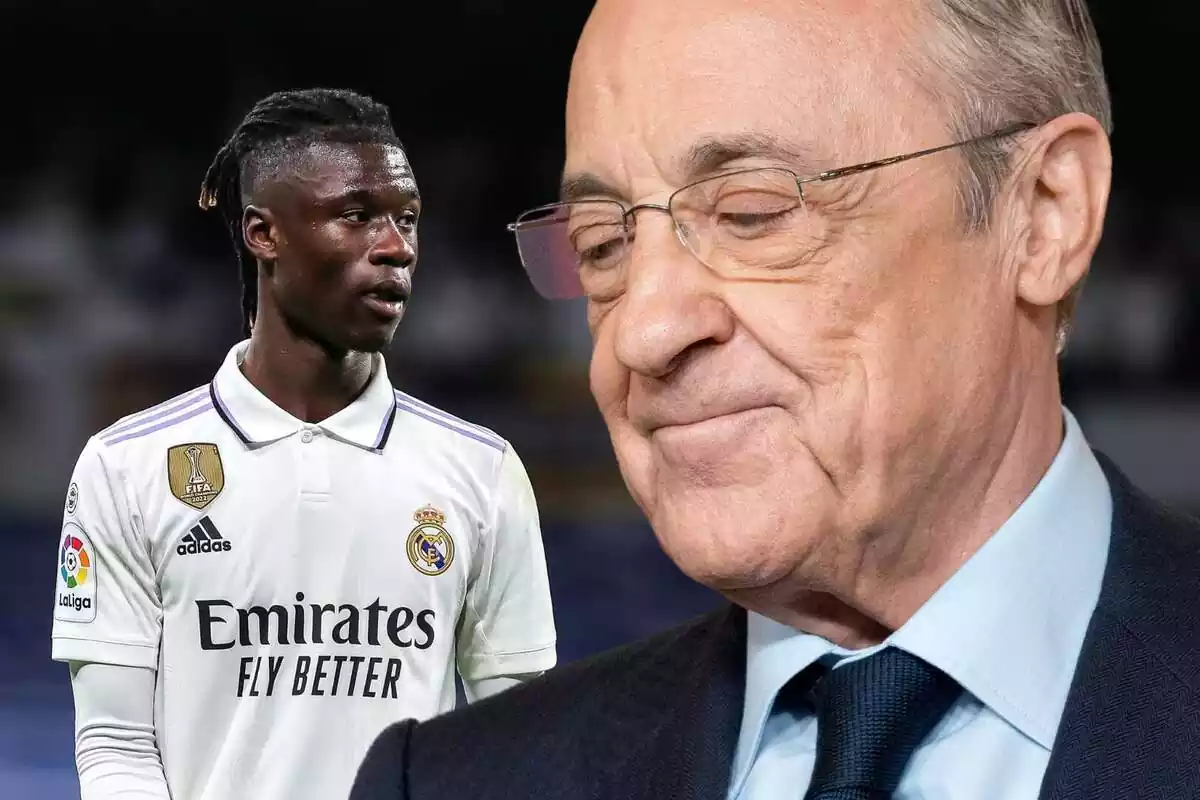 Florentino Pérez con media sonrisa al lado de Eduardo Camavinga