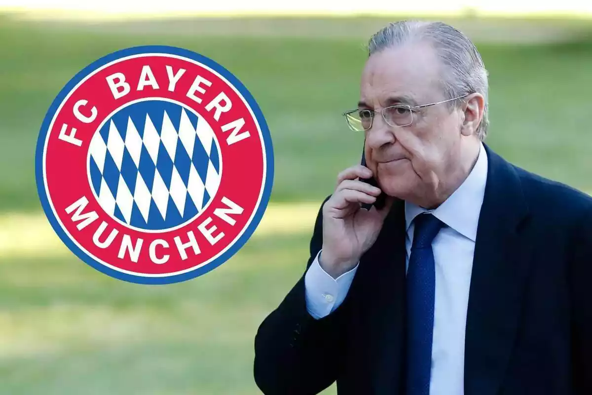 Florentino Pérez hablando por teléfono junto al escudo del Bayern de Múnich