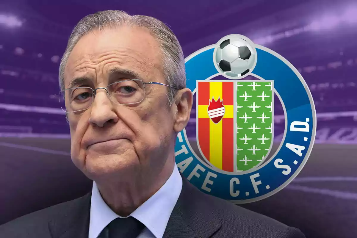 Florentino Pérez with a serious expression in front of the Getafe C.F. logo in Santiago Bernabéu stadium.