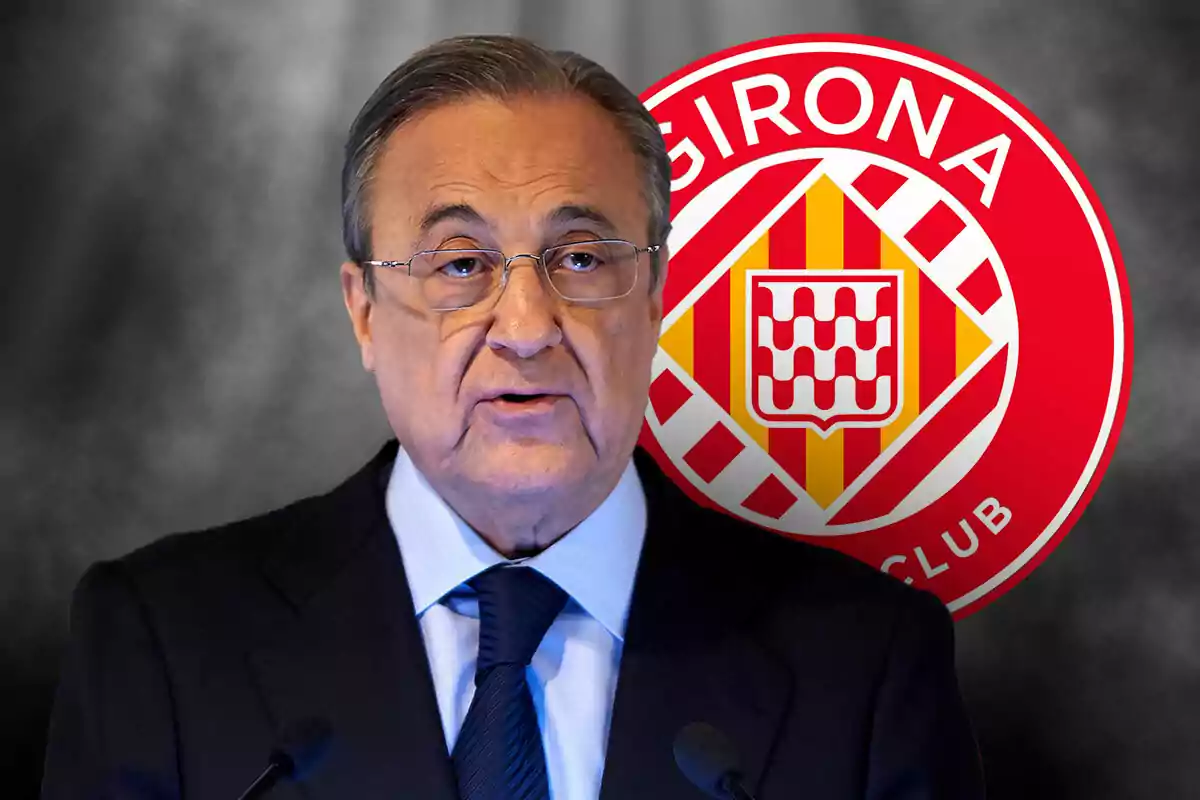 Florentino Pérez in a suit and tie speaks into a microphone with the Girona FC logo in the background.