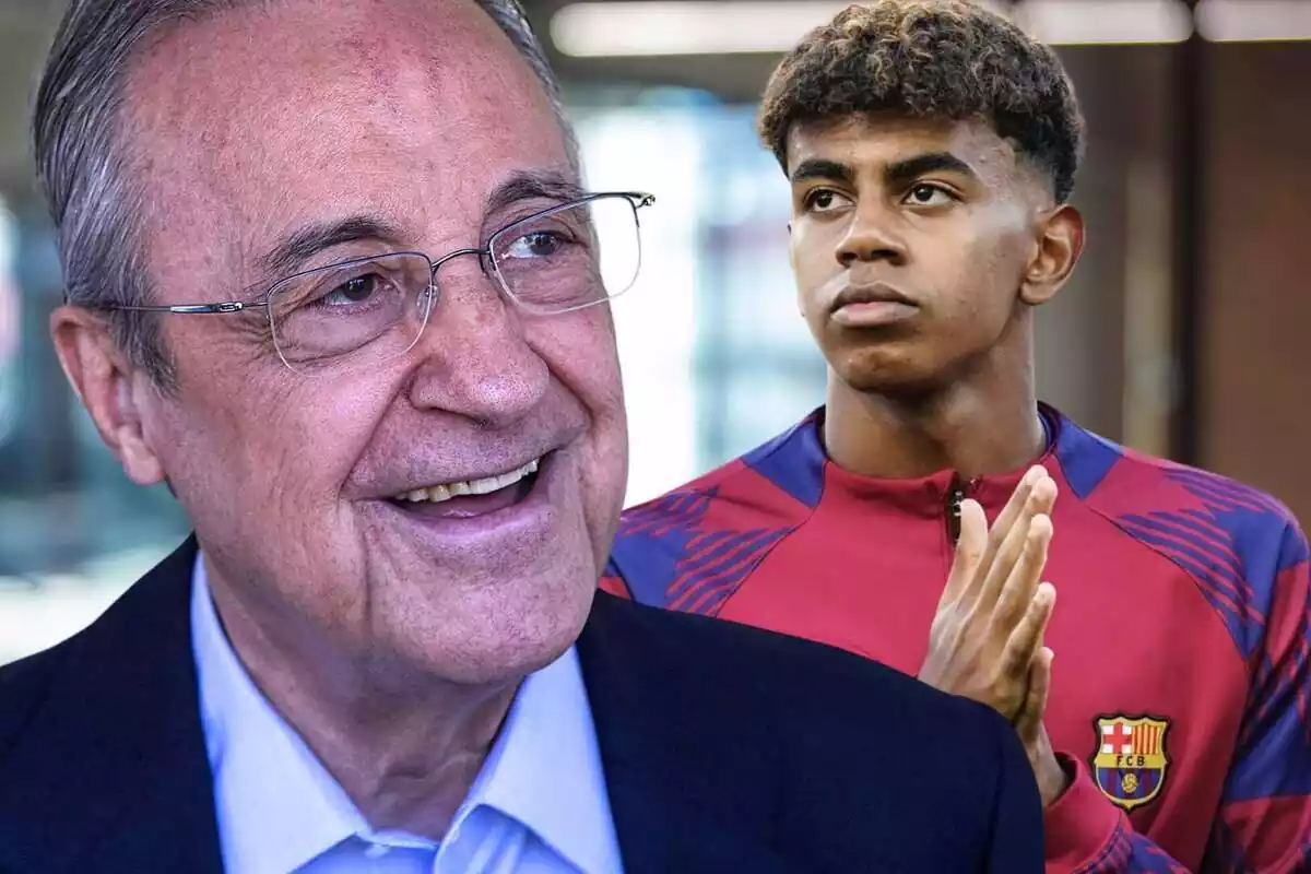 Florentino Pérez, happy, next to Lamine Yamal looking to the side