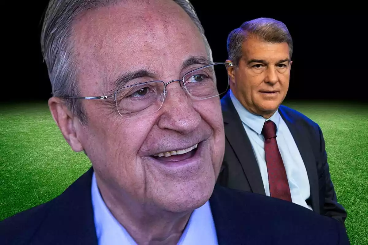 Florentino Pérez sonriendo y Joan Laporta al fondo, delante de un campo de fútbol