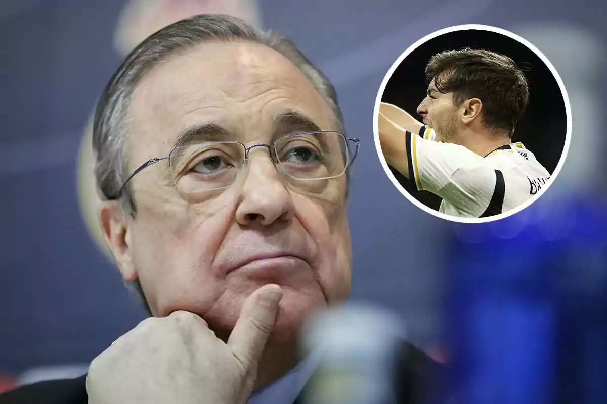 Florentino Pérez con expresión pensativa, con una imagen circular de Brahim Díaz celebrando en la esquina superior derecha.