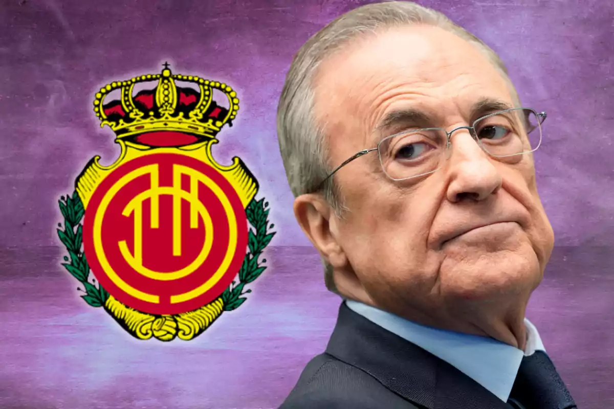 A man with glasses and a serious expression next to the Real Club Deportivo Mallorca crest on a purple background.