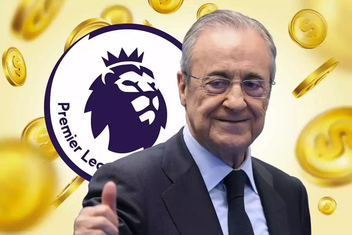 A man in glasses and a suit smiles in front of the Premier League logo, surrounded by gold coins.