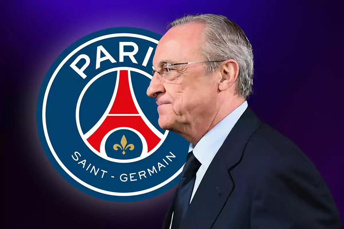 A man in profile with a suit in front of the Paris Saint-Germain logo.