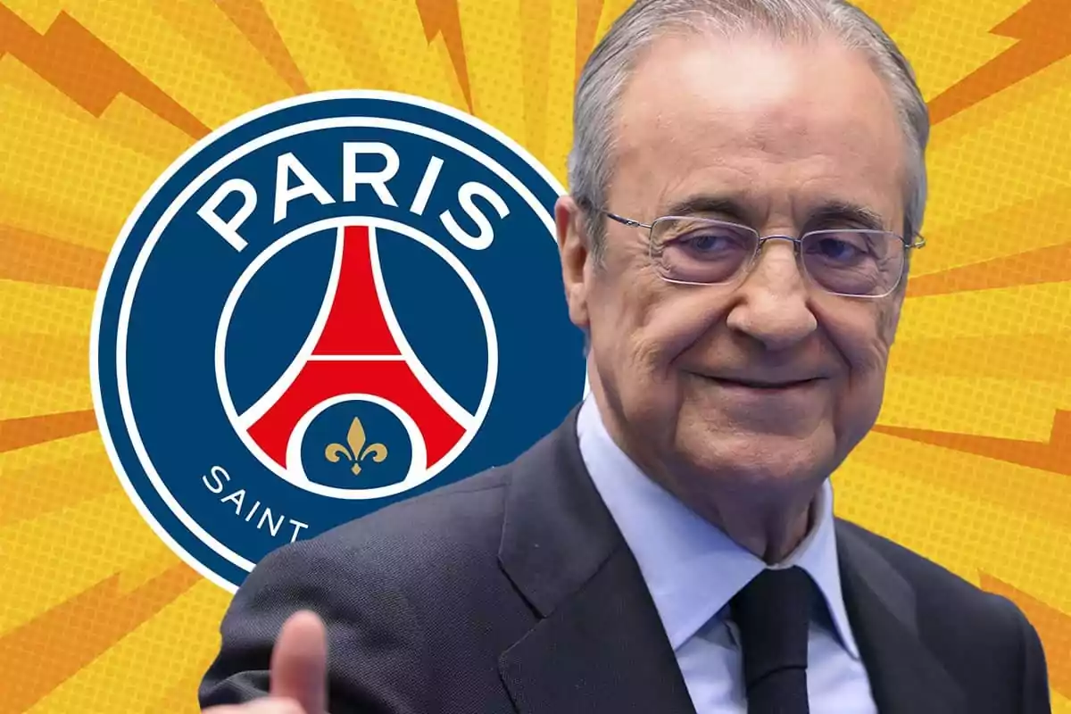 Hombre mayor con gafas y traje sonríe frente al logo del club de fútbol Paris Saint-Germain sobre un fondo amarillo con rayos estilizados