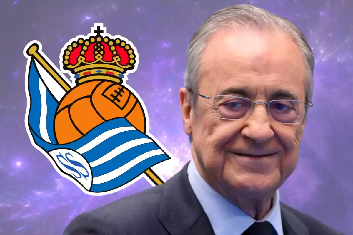 Florentino Pérez, presidente del Real Madrid y el escudo de la Real Sociedad