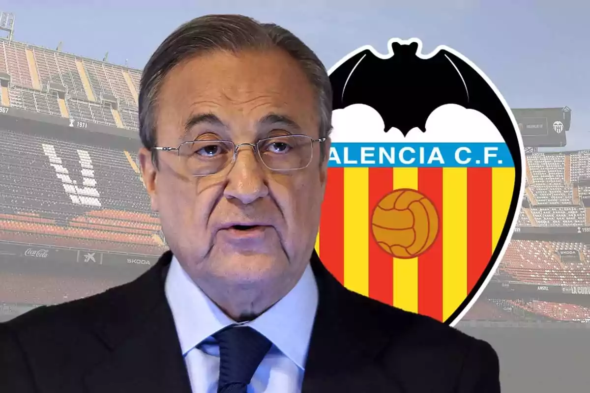 Florentino Pérez con traje frente al logo del Valencia C.F. y un estadio de fondo.