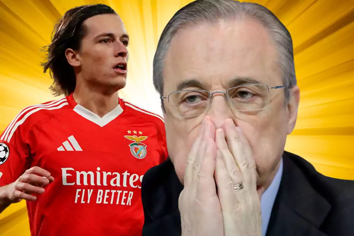 Un futbolista con camiseta roja del Benfica y un hombre mayor con gafas y gesto pensativo al frente de un fondo amarillo brillante