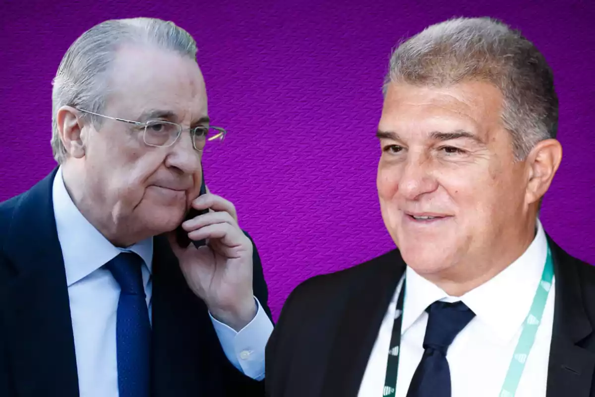 Two men in suits, one talking on the phone and the other smiling, with a purple background.