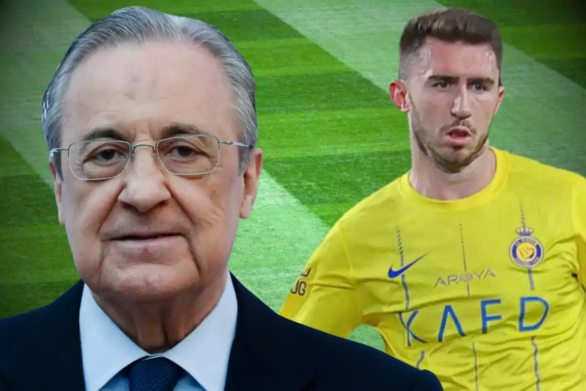 Un hombre con gafas y traje está en primer plano mientras que un jugador de fútbol con camiseta amarilla aparece en el fondo sobre un campo de césped.