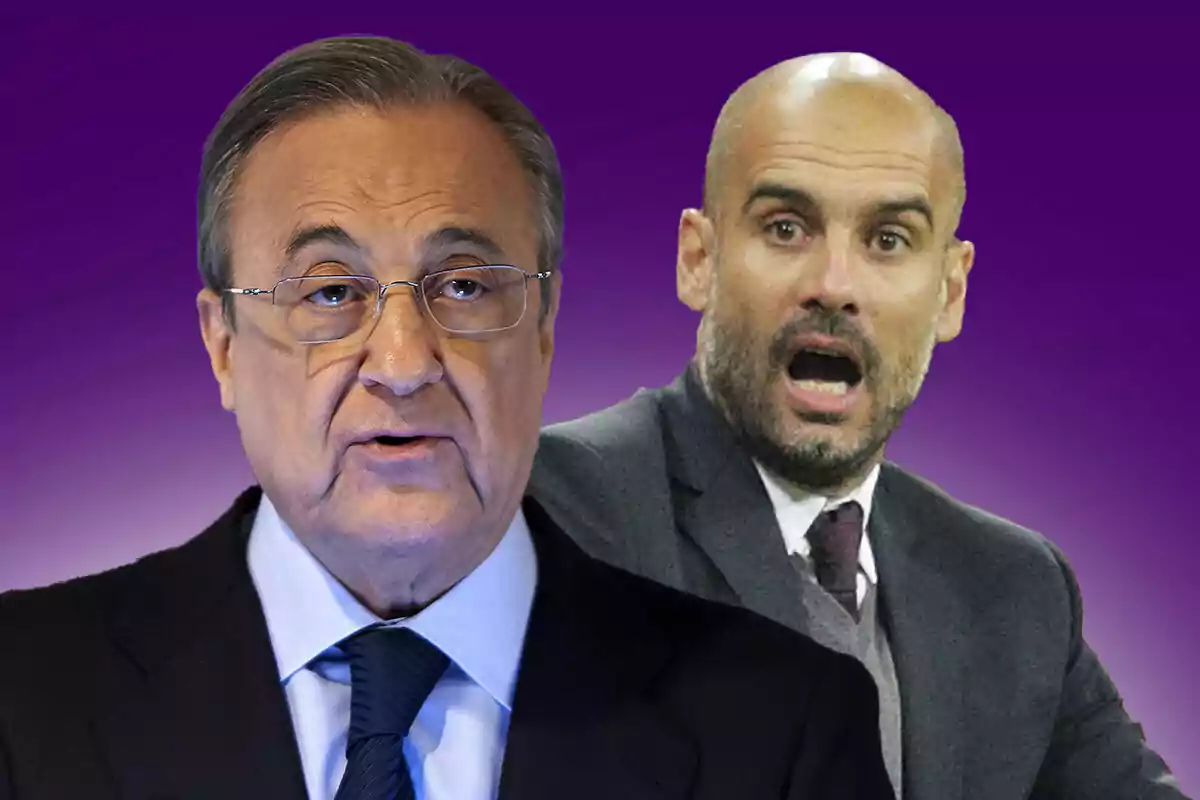 Florentino Pérez y Pep Guardiola sobre un fondo púrpura.