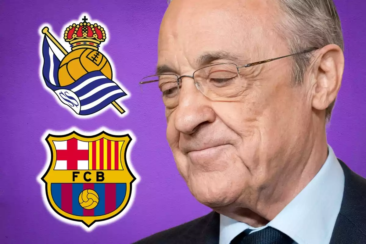 Un hombre mayor con gafas aparece junto a los escudos de la Real Sociedad y el FC Barcelona sobre un fondo morado.