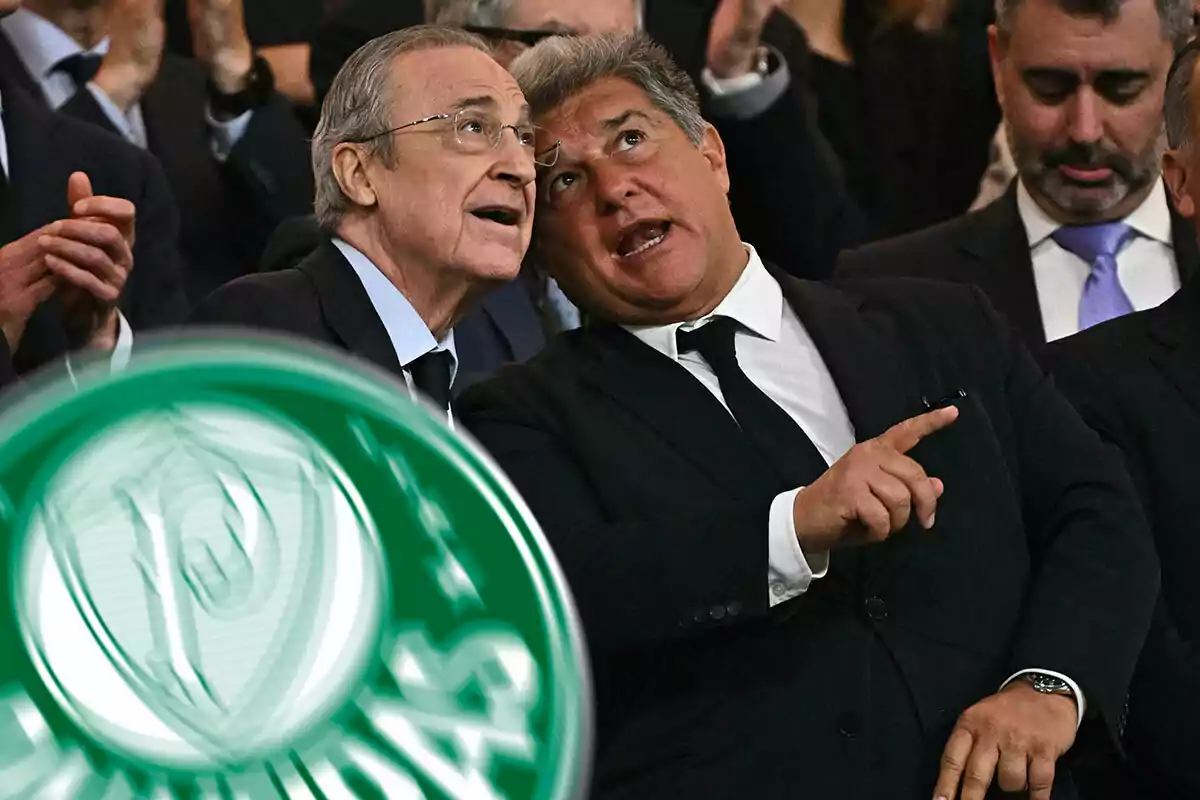 Florentino y Laporta conversan animadamente en un evento, mientras el escudo del Palmeiras parcialmente visible ocupa la esquina inferior izquierda de la imagen.