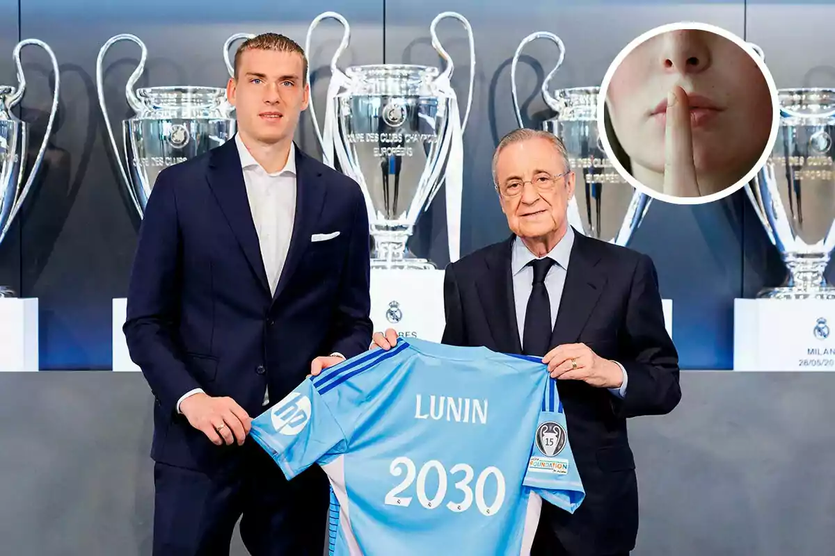 Lunin y Florentino posan con una camiseta de fútbol que tiene el nombre "Lunin" y el número "2030" frente a varios trofeos de la Liga de Campeones, con una imagen insertada de una persona haciendo el gesto de silencio.