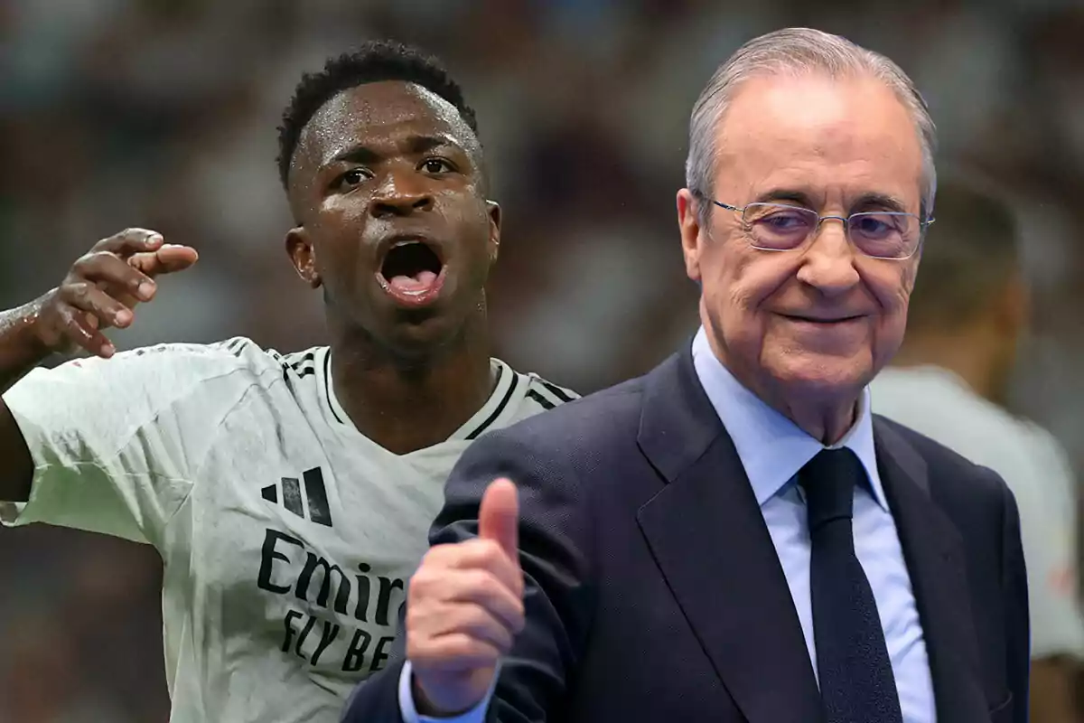 Vinicius celebrando y Florentino Pérez con traje sonriendo y levantando el pulgar.